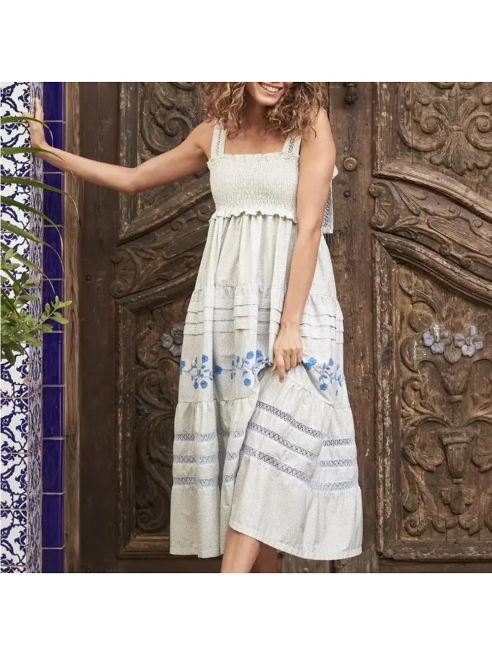 Mi Golondrina Valeria Embroidered Floral Midi Dress Blue Green Large EUC